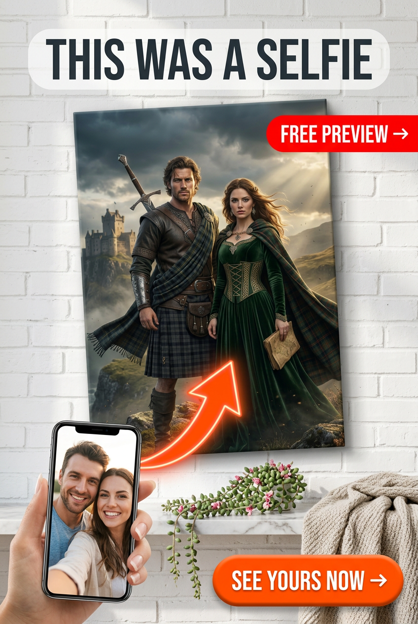 Custom Scottish Couple Portrait — Heroic Highland Canvas from Photo