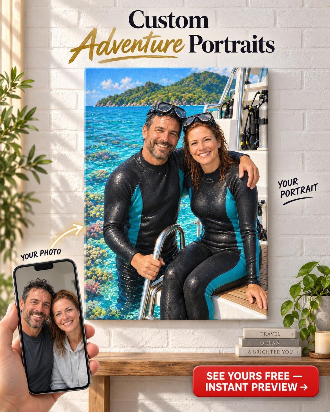 Scuba Diving Couple Custom Portrait from Photo | Personalized Ocean Portrait Gift