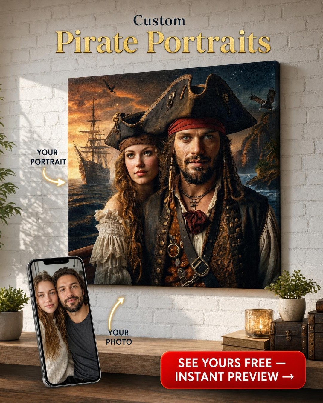 Custom Pirate Couple Portrait Canvas from Photo