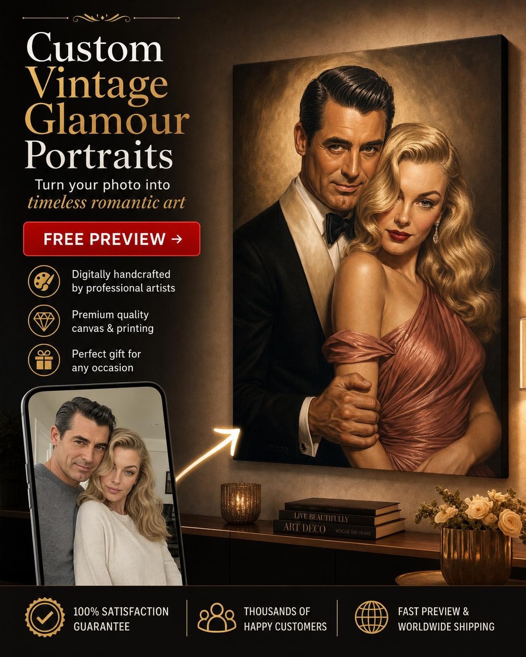 Classic Hollywood Glamour Custom Portrait from Photo | Personalized Gift