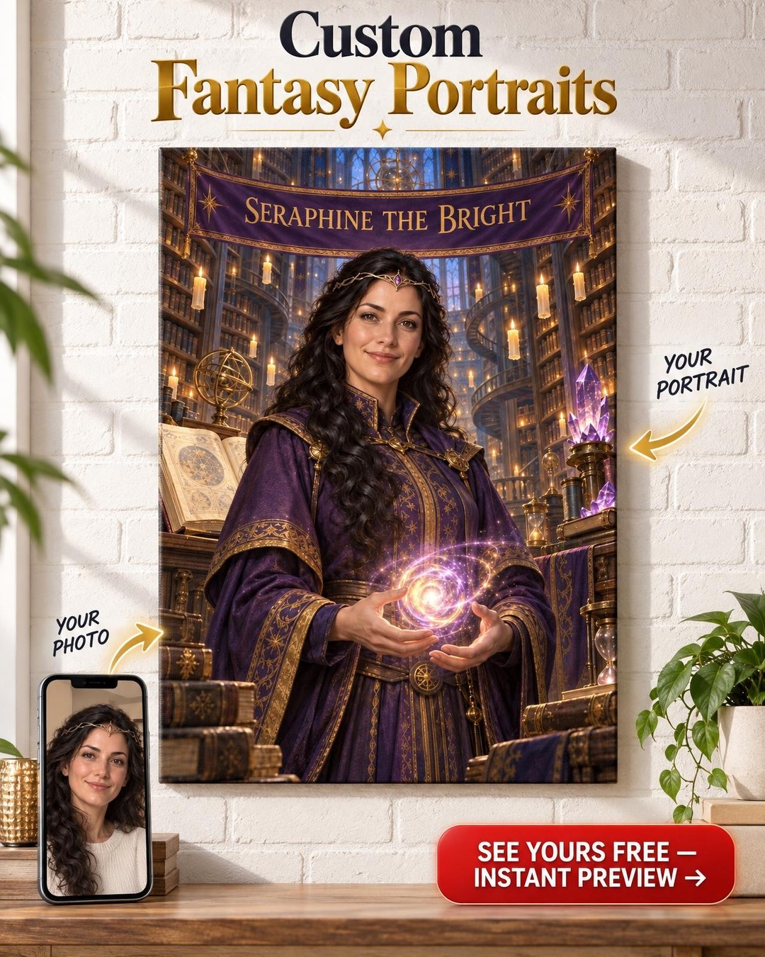 Sorceress Character Custom Portrait from Photo | Personalized Tabletop Fantasy Gift