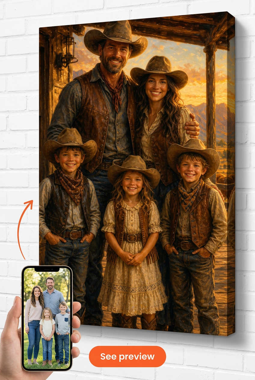Custom Cowboy Family Portrait — Festive Western Canvas from Photo