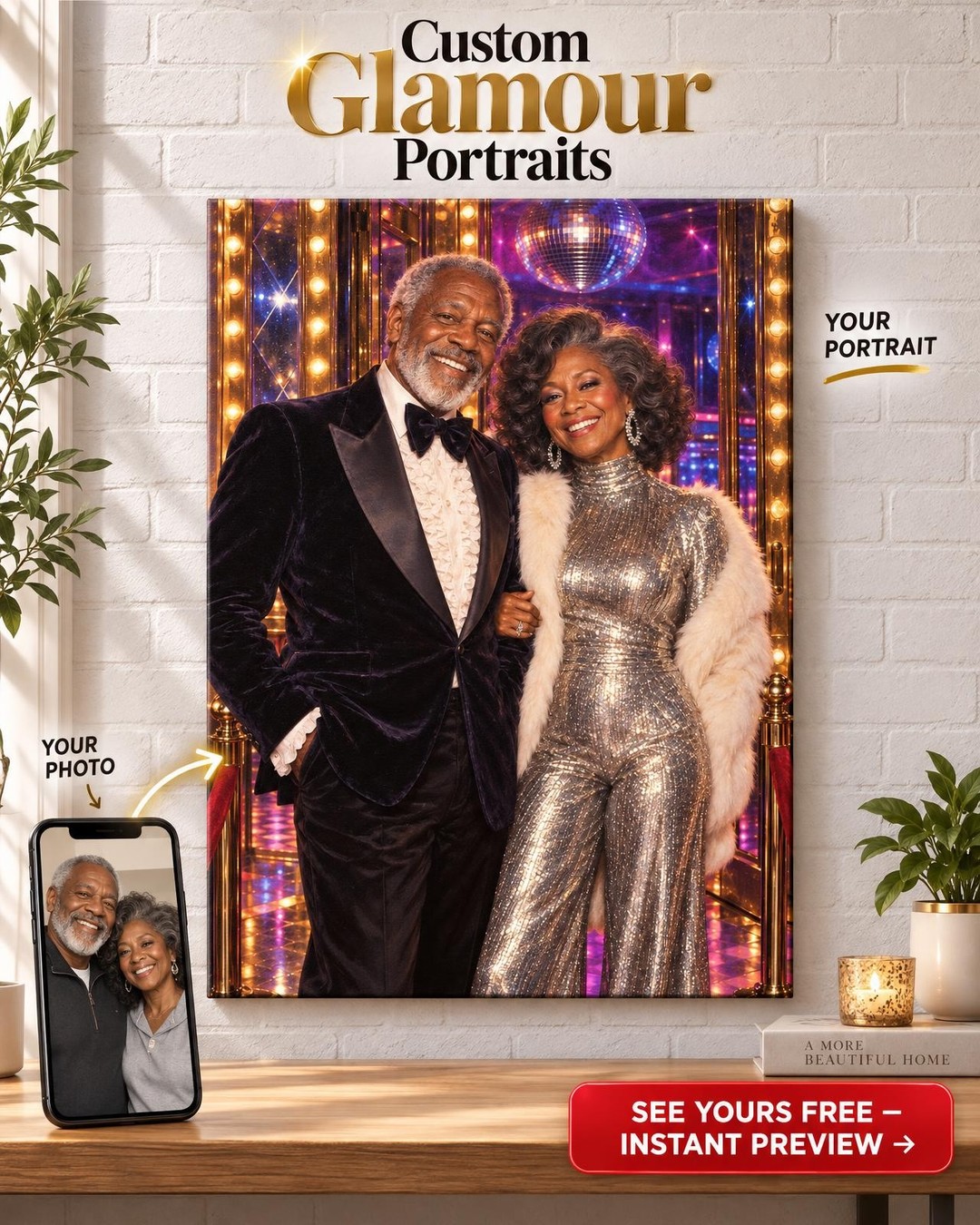 Velvet Rope VIP Couple Custom Portrait from Photo | Personalized Disco Portrait Gift