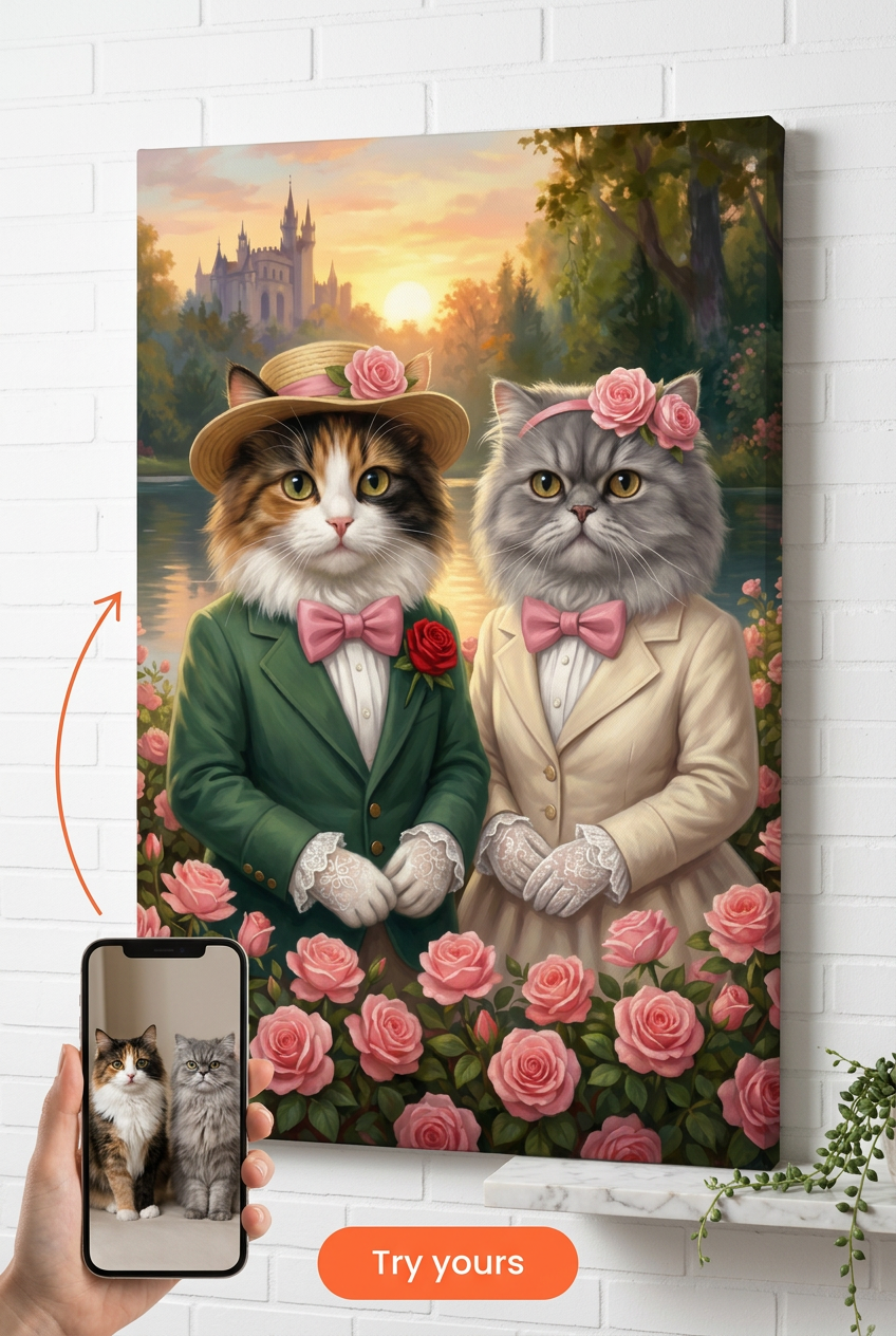 Custom Victorian Cat Portrait — Whimsical Multi-Pet Canvas