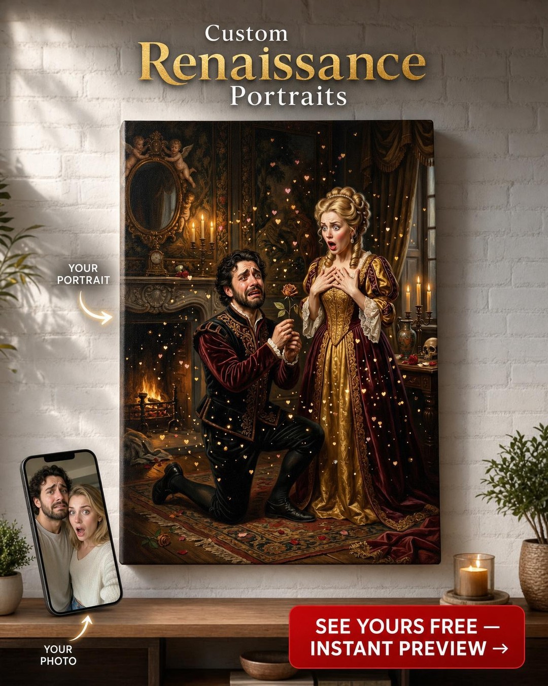 Custom Baroque Couple Portrait — Romantic Candlelit Canvas