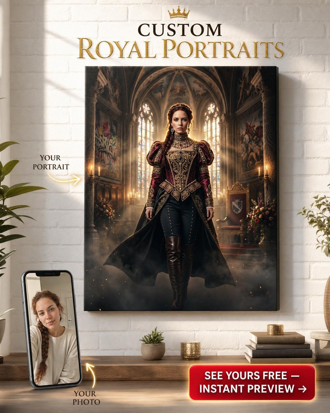 Custom Royal Single-Man Portrait — Heroic Throne Canvas for Woman