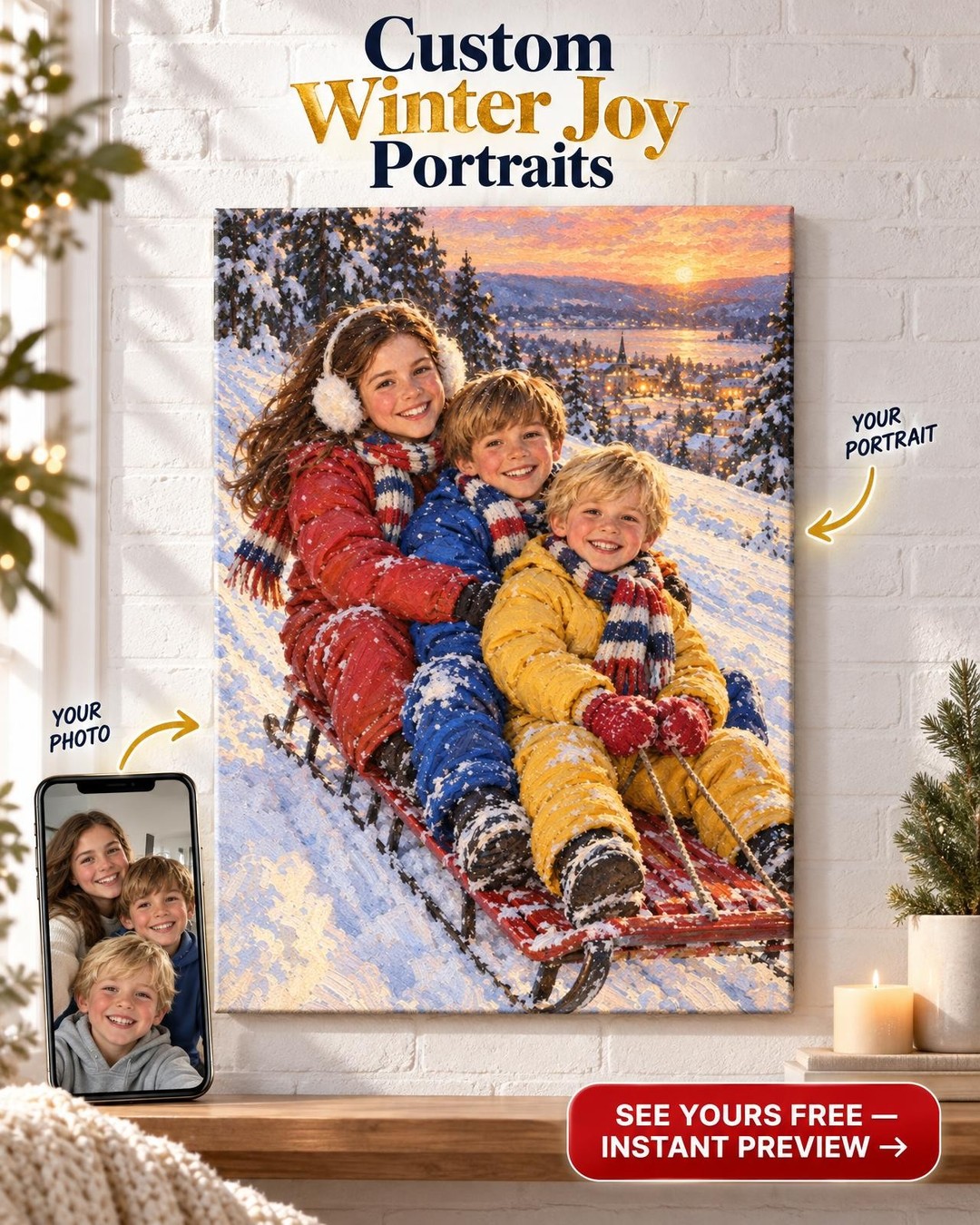 The Sledding Hill Siblings Custom Portrait from Old Photo | Personalized Christmas Gift for Siblings