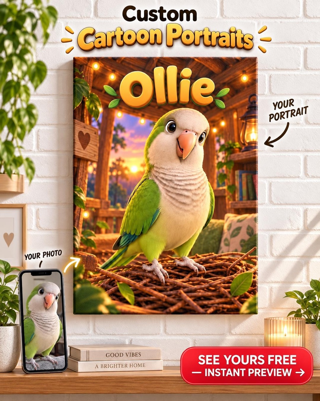 Custom Pixar-Style 3D Quaker Parrot Portrait from Photo | Personalized Bird Gift