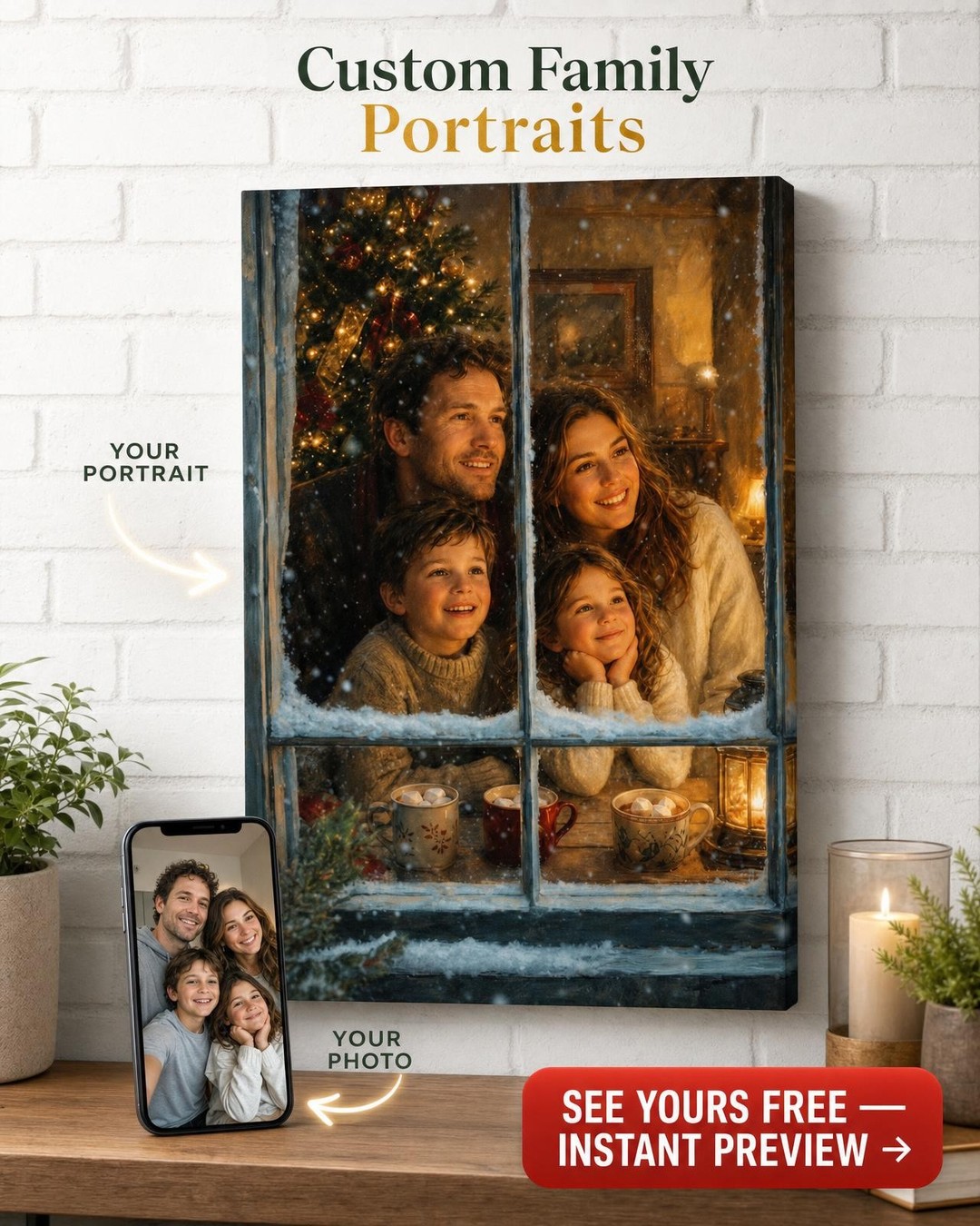 Custom Christmas Family Portrait — Festive Window Scene from Photo