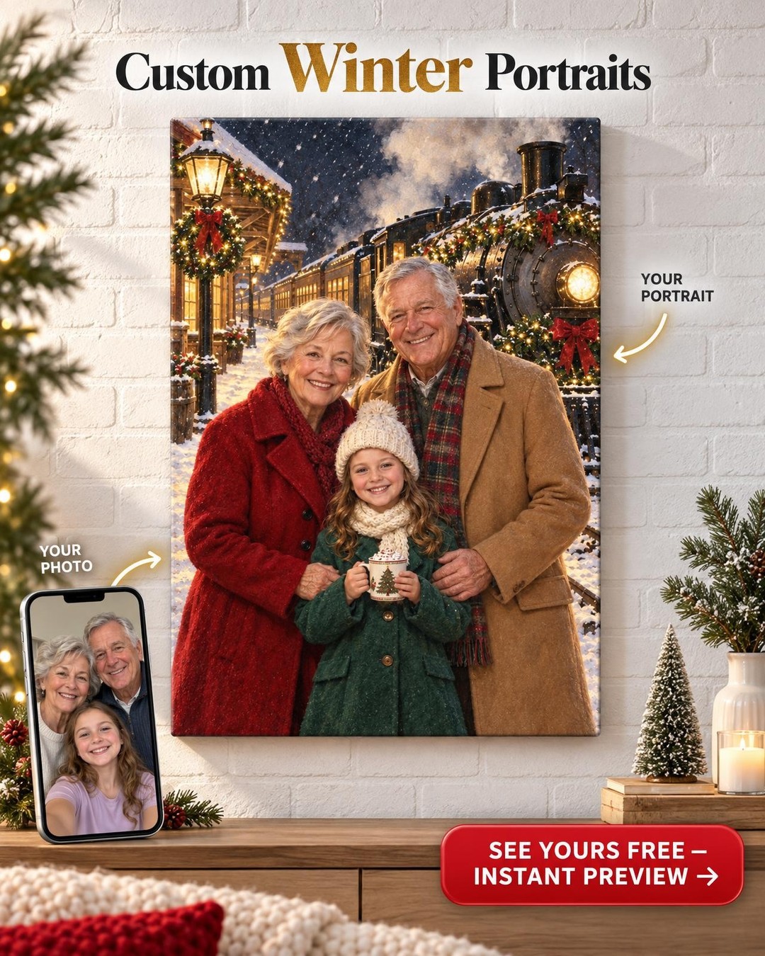 The Christmas Train Family Custom Portrait from Photo | Personalized Railroad Portrait Gift