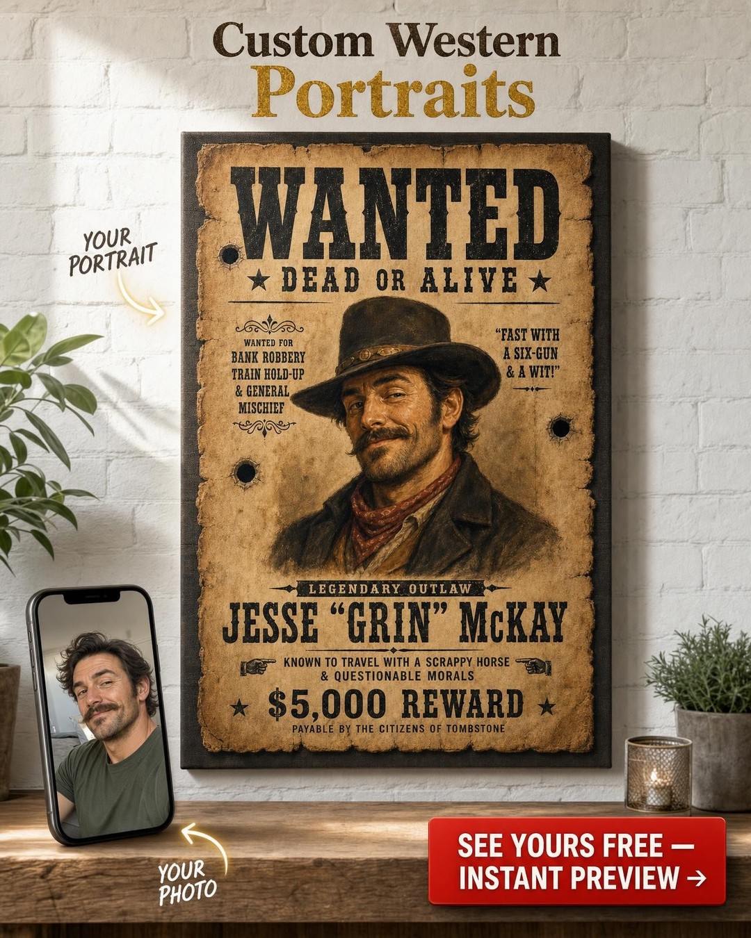 Old West Wanted Poster Custom Portrait from Photo | Personalized For Him Gift