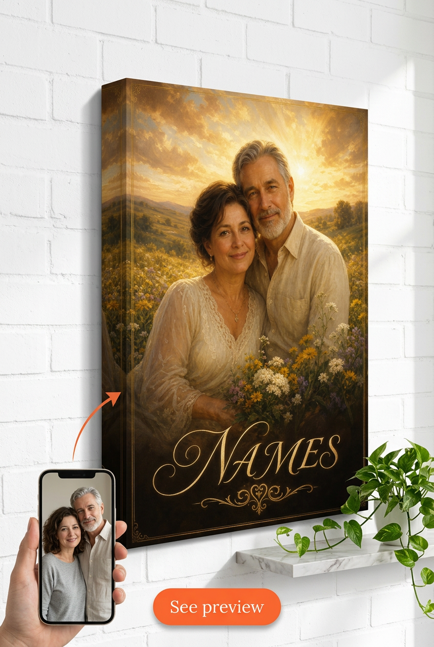 Custom Memorial Couple Portrait — Serene Sunset Canvas from Photo