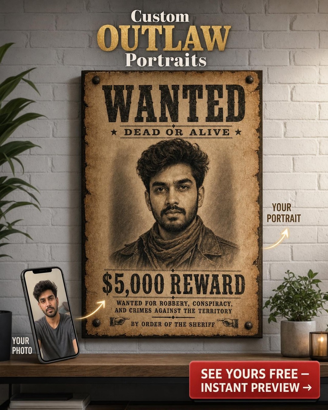 Vintage Sepia Wanted Poster Custom Portrait from Photo | Personalized Gift