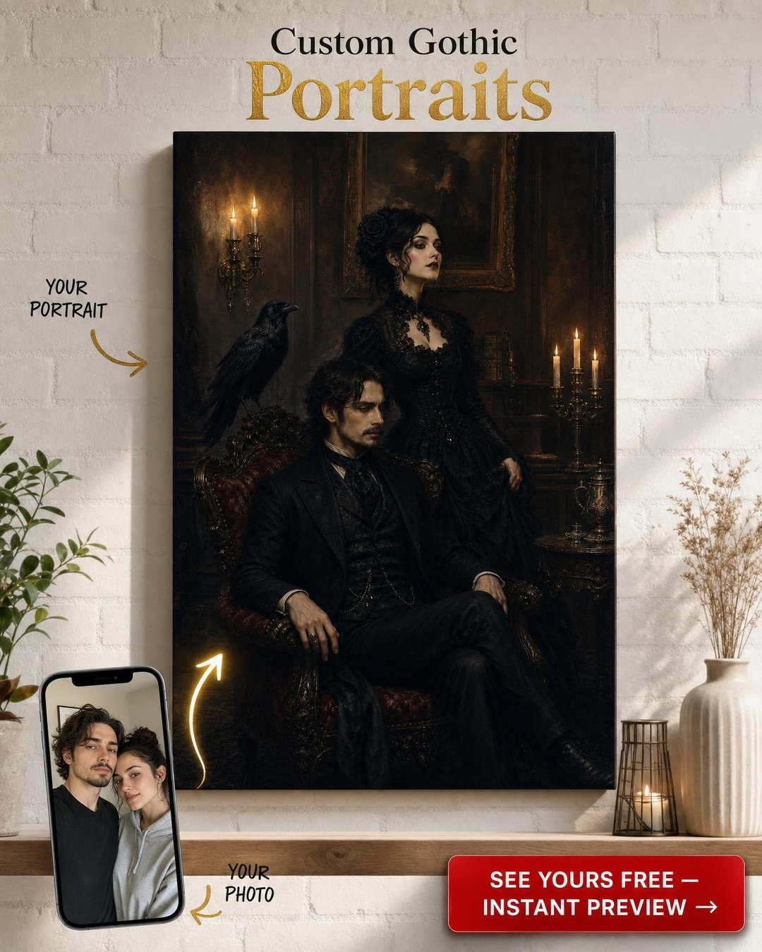 Candlelit Gothic Couple Custom Portrait from Photo | Personalized Canvas Gift