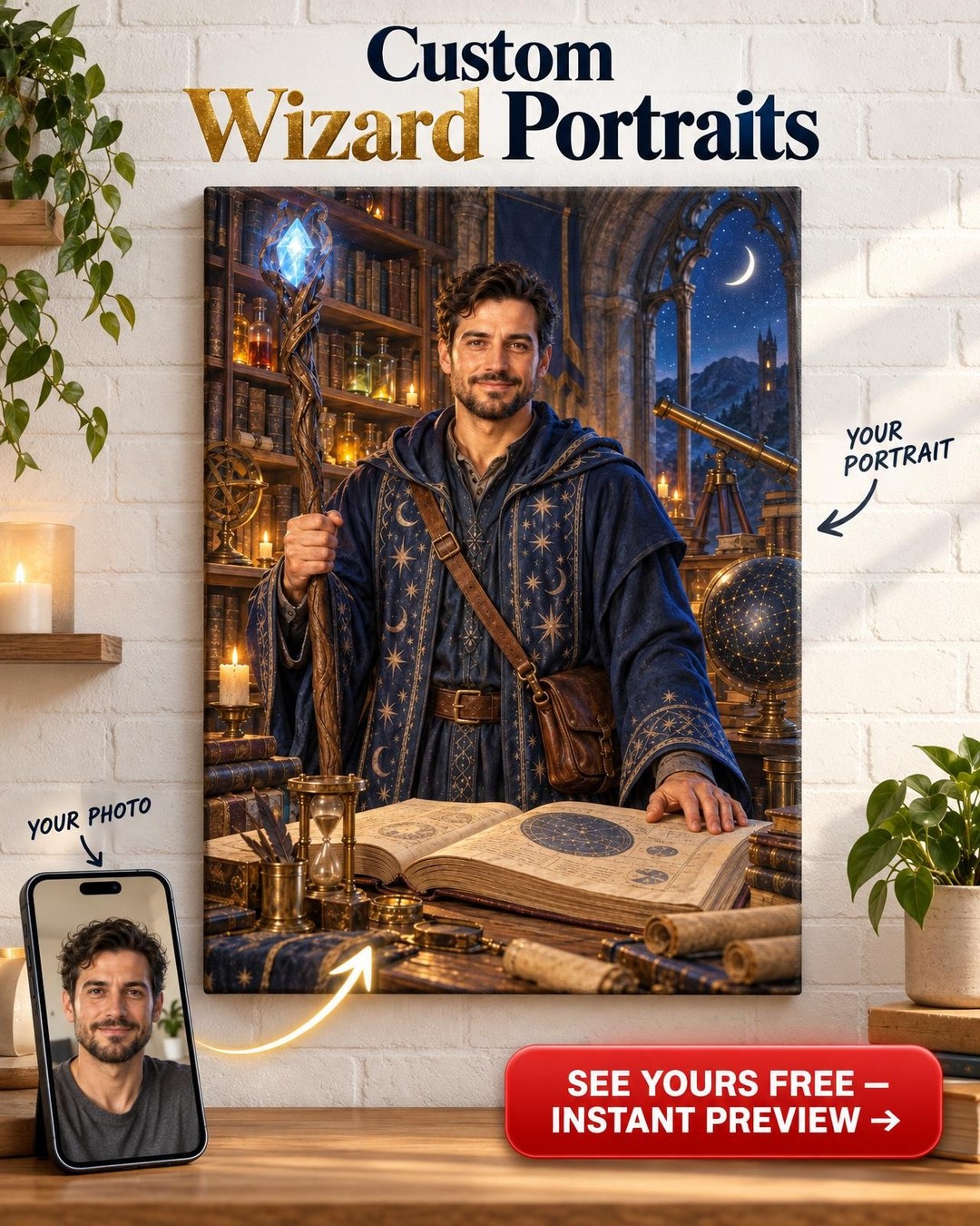 Wizard Custom Portrait from Photo | Personalized Tabletop Fantasy Gift