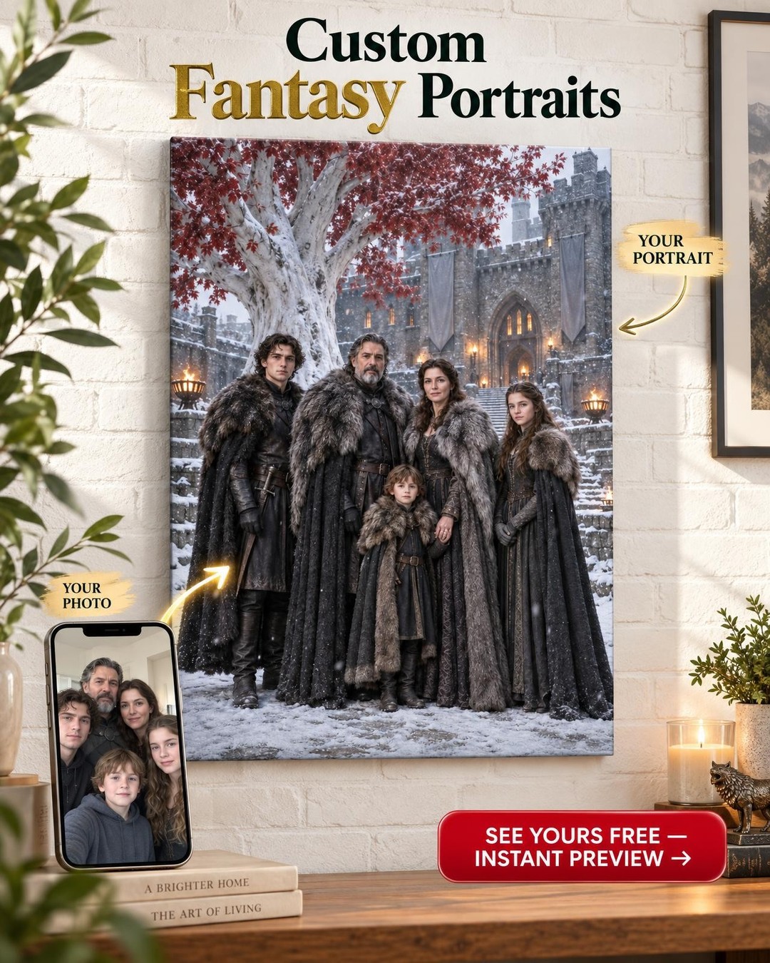 Northern House Family Custom Portrait from Photo | Personalized Fantasy Canvas Gift