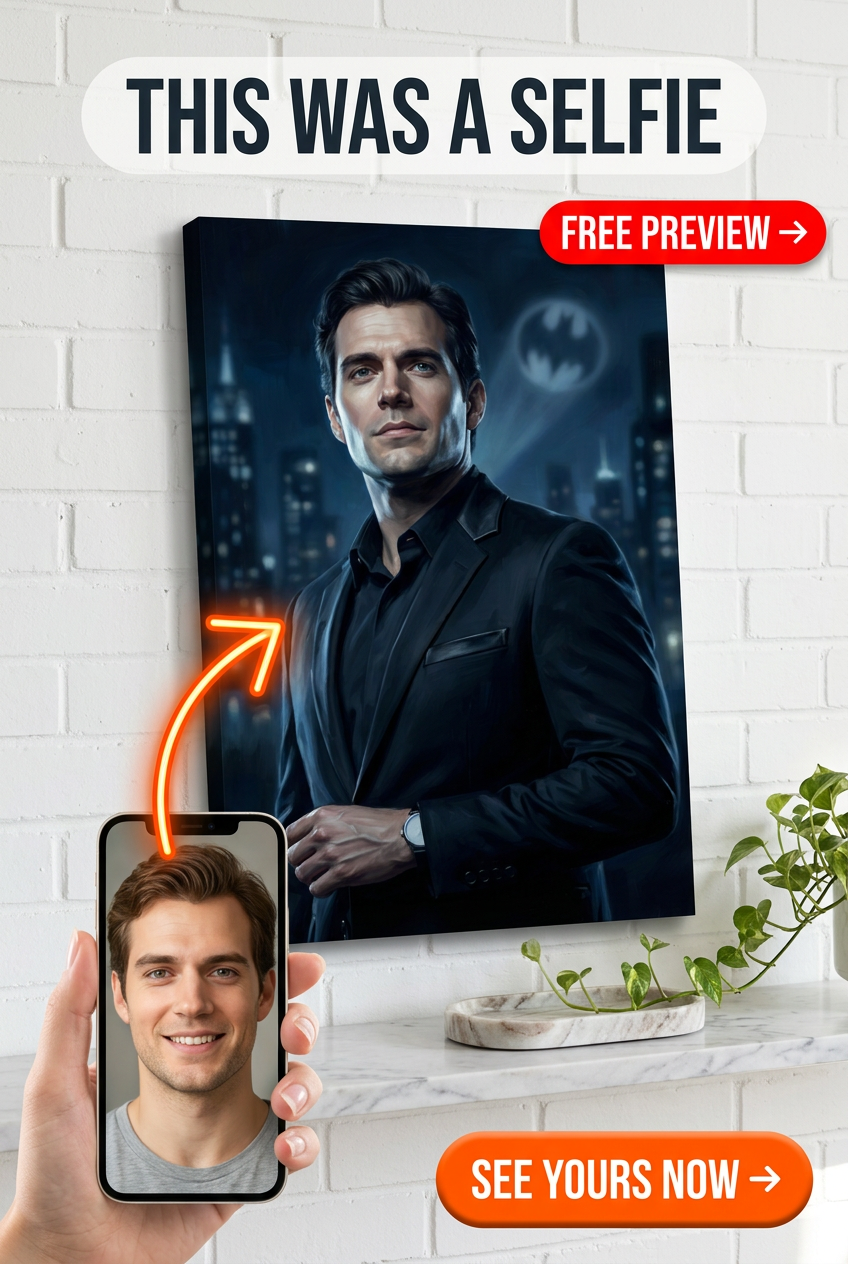 Custom Superhero Man Portrait — Heroic City Skyline Canvas