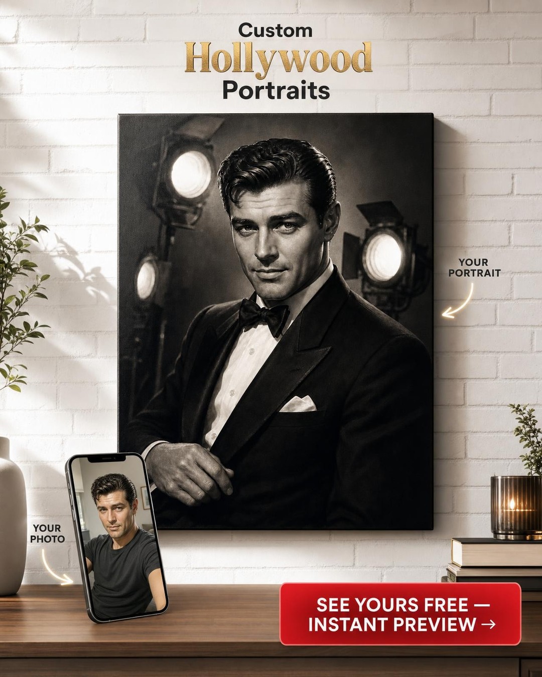 Silver Screen Leading Man Custom Portrait from Photo | Personalized for Him Gift