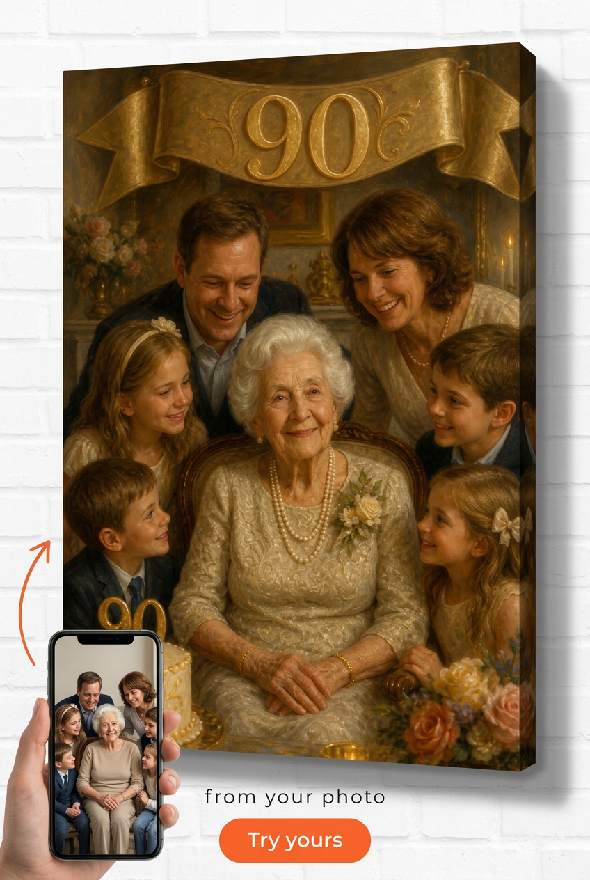 Custom Birthday Portrait for Man — 90th Milestone Family Canvas