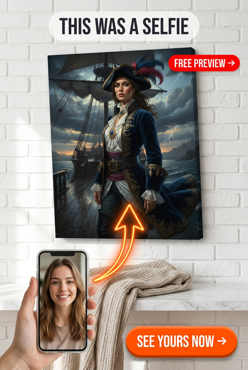 Custom Pirate Woman Portrait — Heroic Ship Captain Canvas