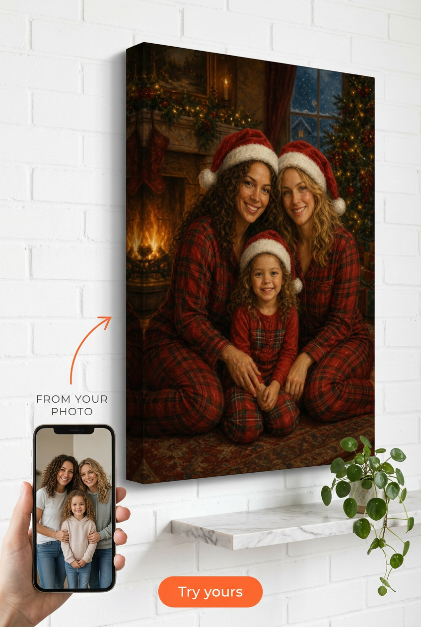 Custom Christmas Family Portrait — Festive Fireplace Canvas from Photo