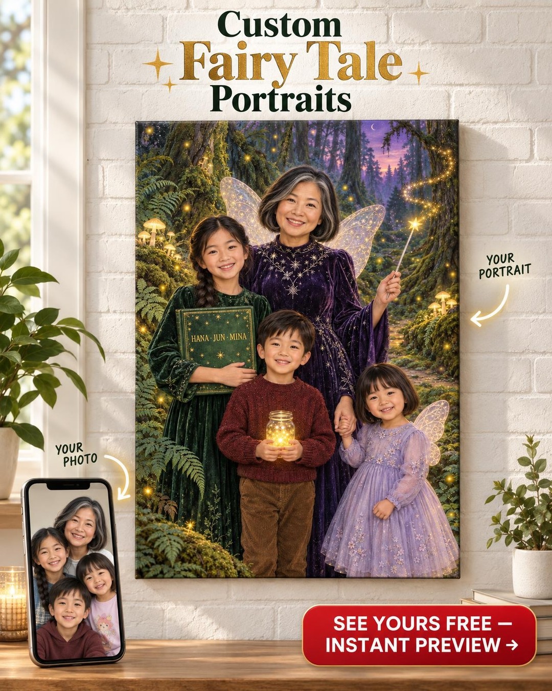 Fairy Godmother and Godchildren Custom Portrait from Photo | Personalized Fairy Godmother Portrait Gift
