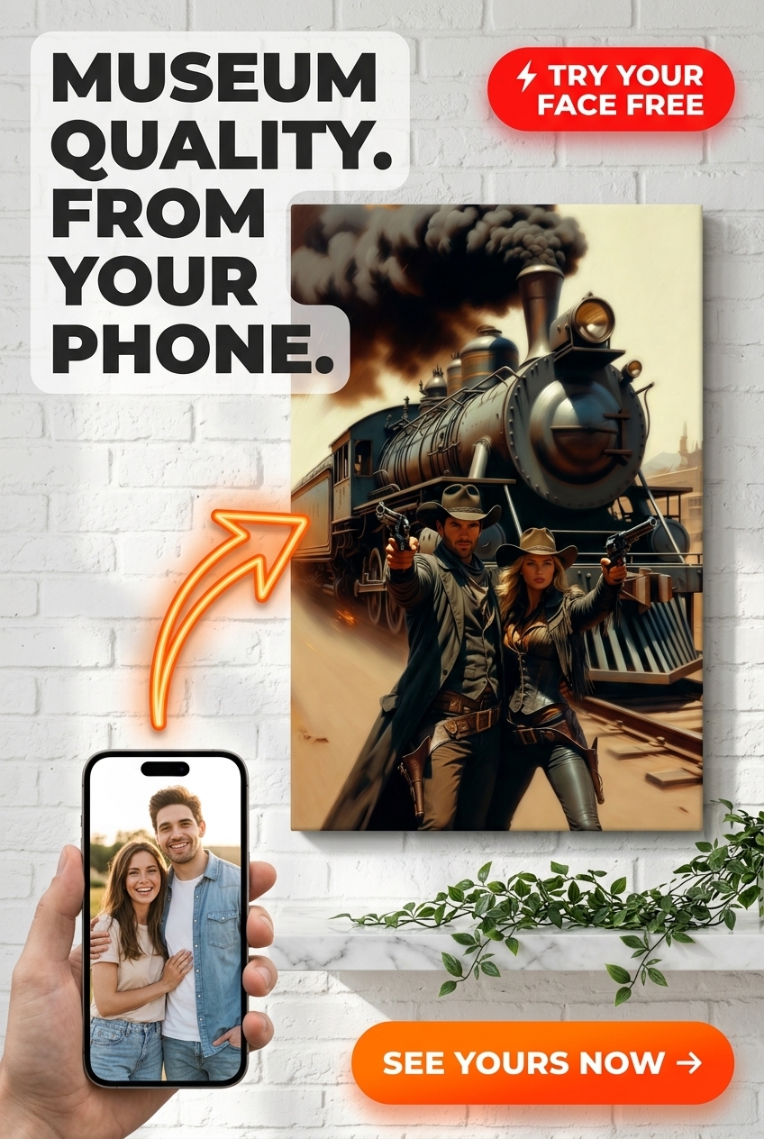 Custom Cowboy Couple Portrait — Festive Train Scene Canvas