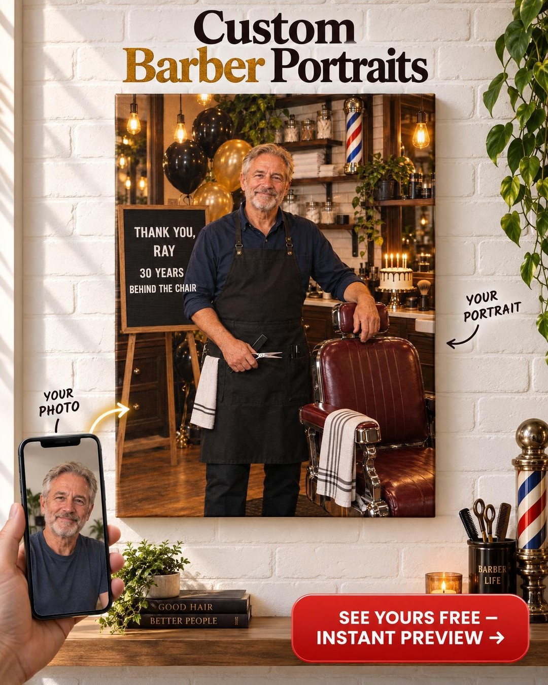 Barber Anniversary Custom Portrait from Photo | Personalized Barbershop Gift