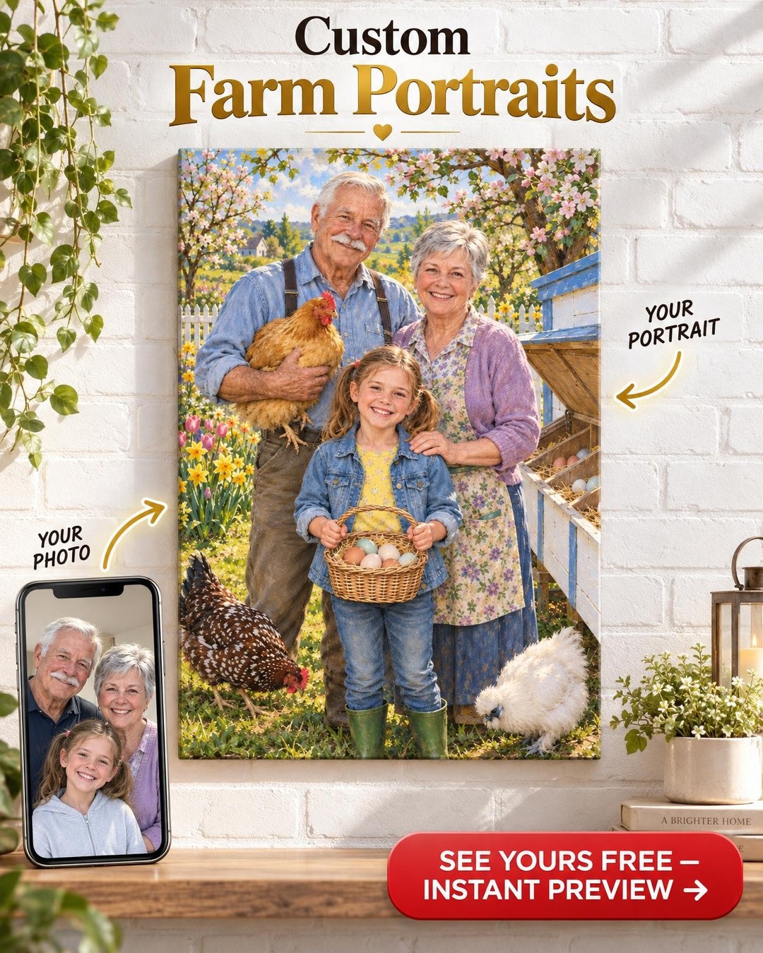 Egg Day with Grandkids Custom Portrait from Photo | Personalized Backyard Chickens Gift