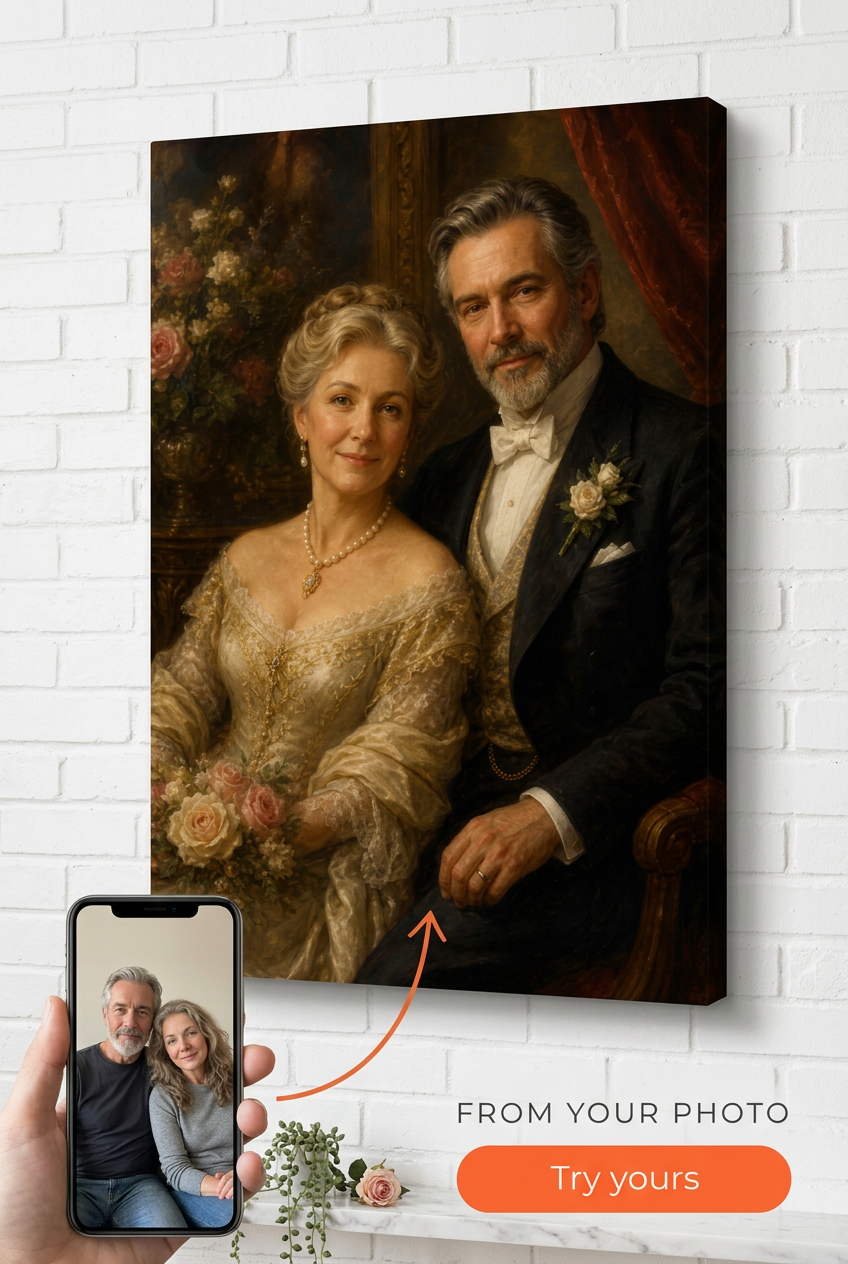 Custom Anniversary Couple Portrait — Regal Floral Canvas from Photo