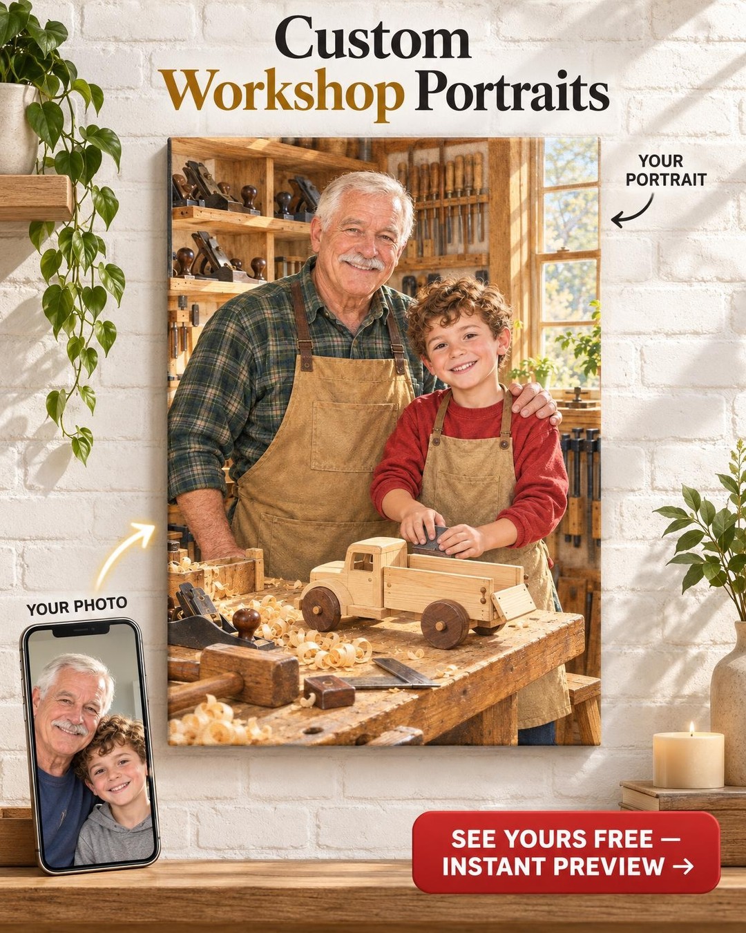 Grandpa’s Little Helper Custom Portrait from Photo | Personalized Woodworking Portrait Gift