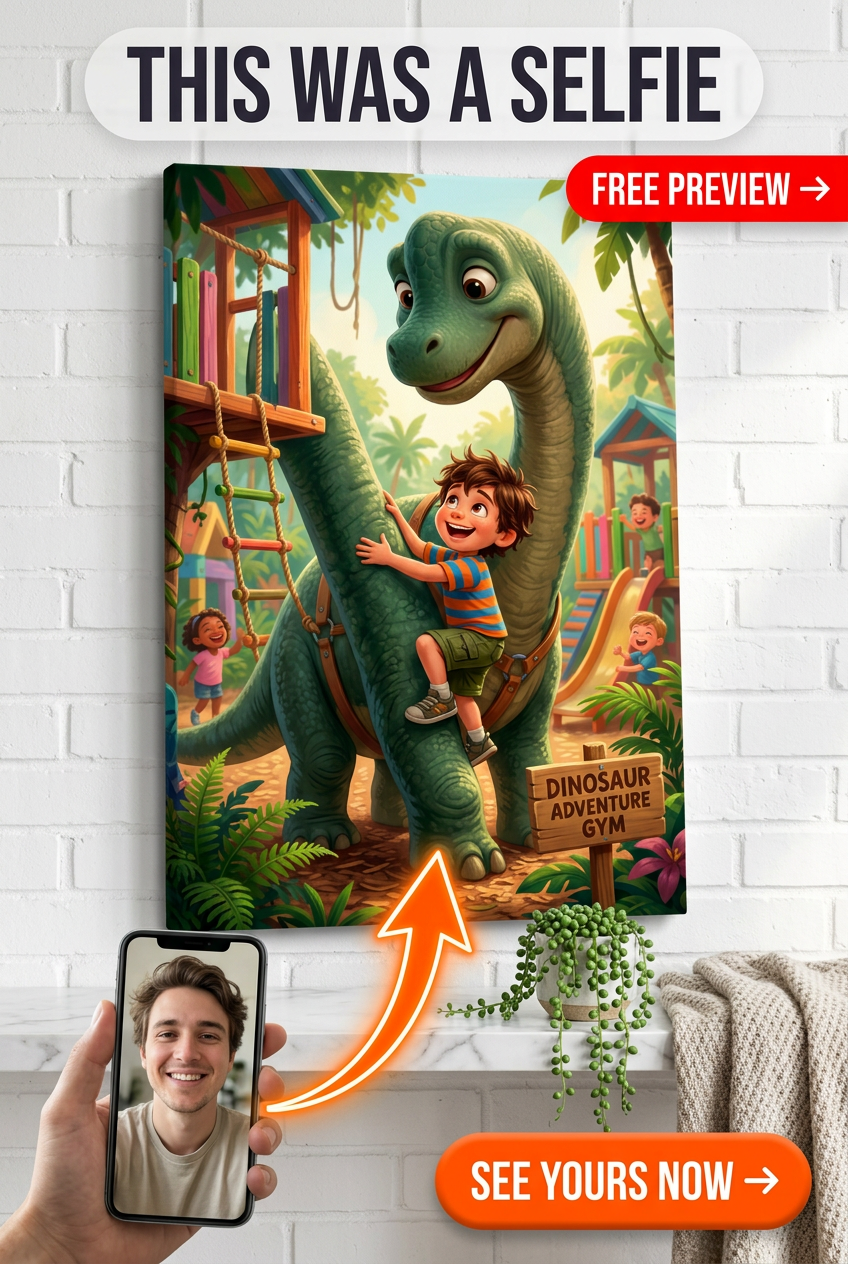 Custom Kids Single-Man Portrait — Whimsical Dinosaur Playground Canvas