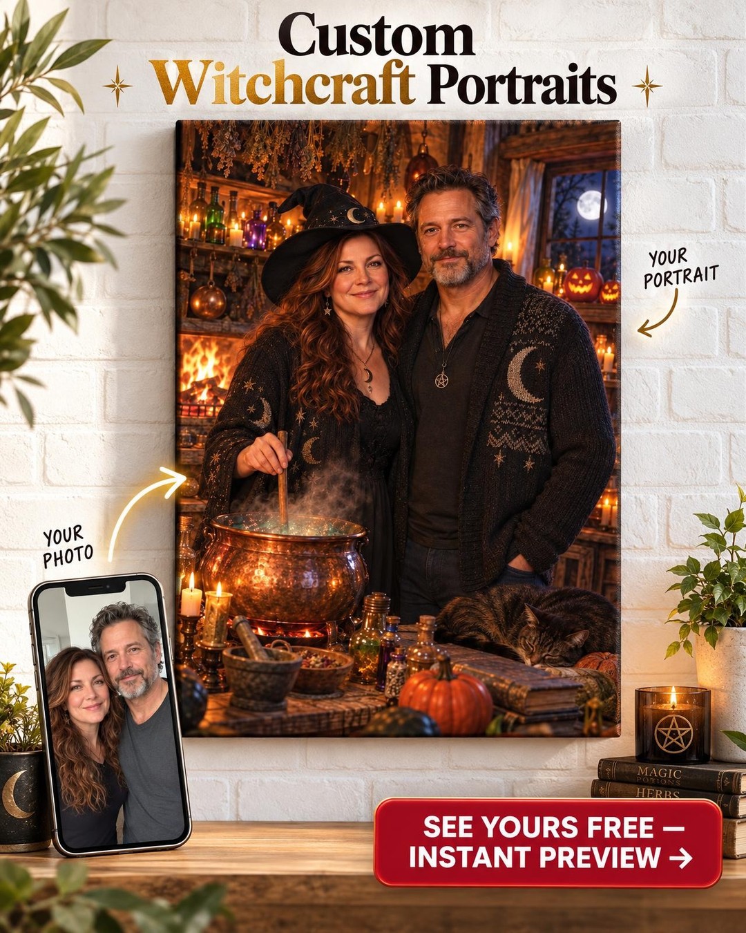 Cozy Witch Cottage Custom Portrait from Photo | Personalized Couple Gift
