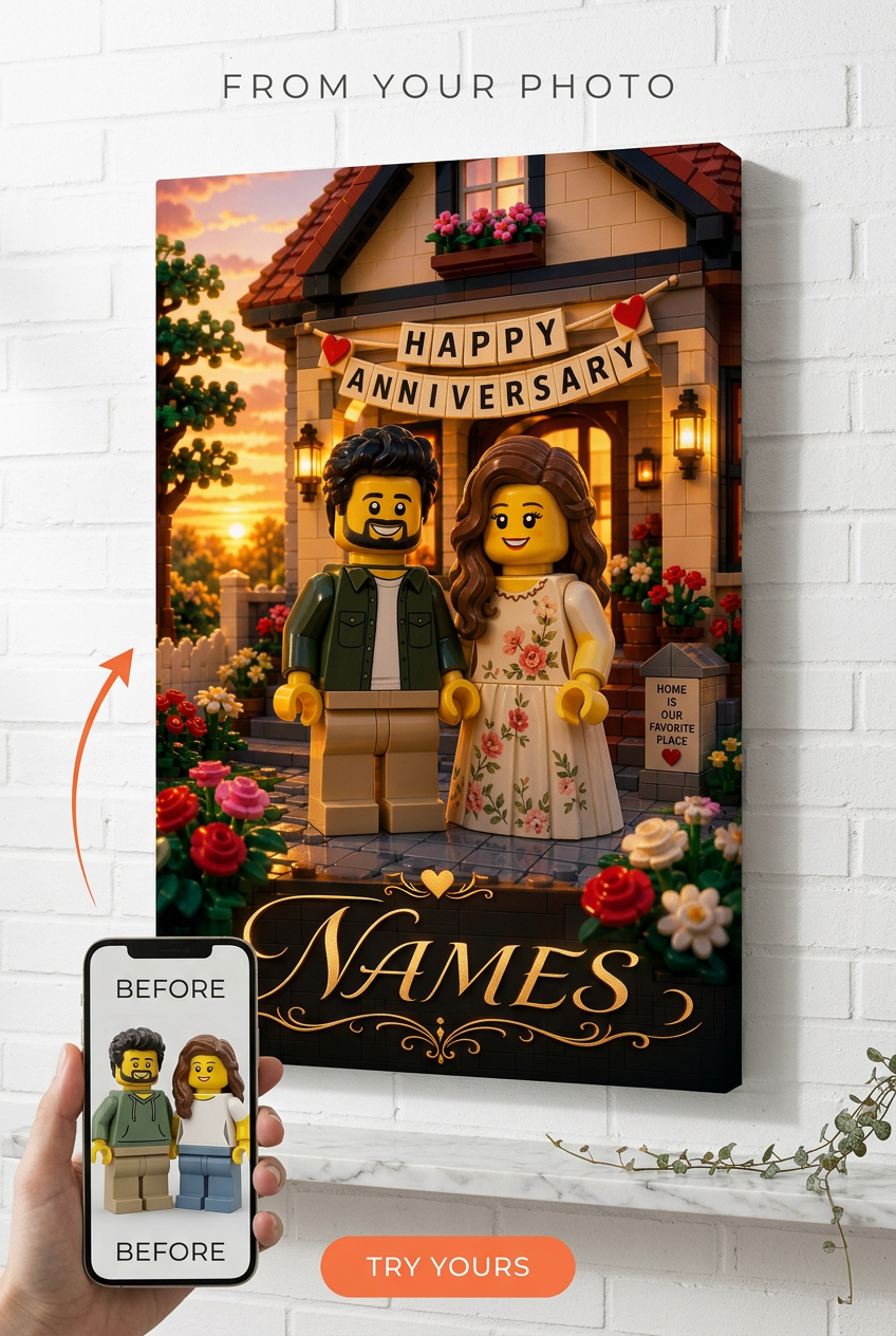 Custom Brick Minifigure Anniversary Couple Portrait from Photo | Personalized Gift