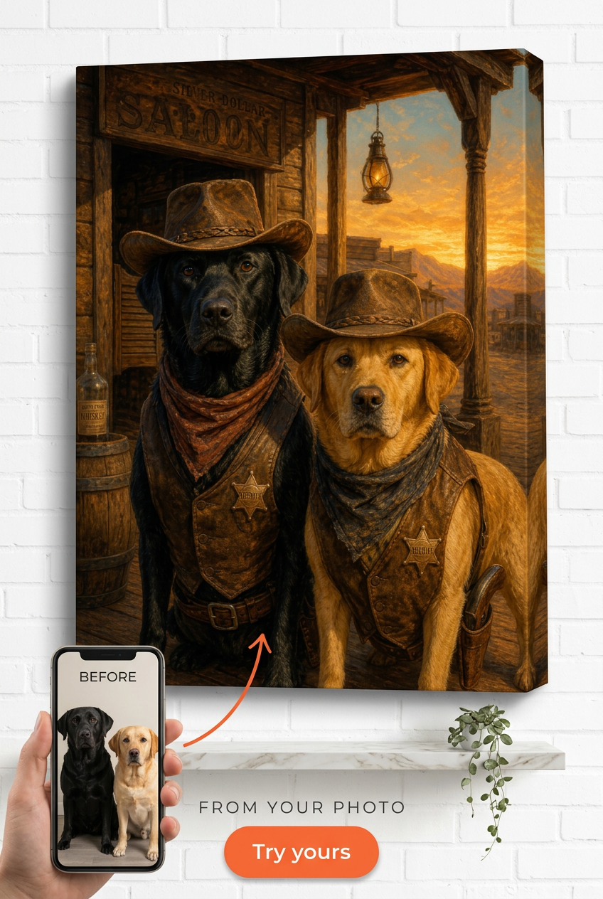 Custom Cowboy Pet-Dog Portrait — Whimsical Wild West Canvas