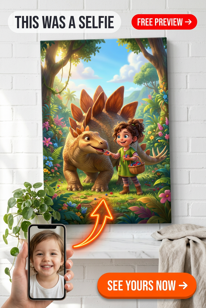 Custom Cartoon Girl Portrait — Whimsical Dinosaur Adventure Canvas