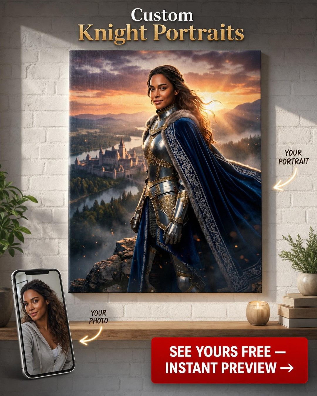 Custom Knight Portrait: Regal Armor for Her