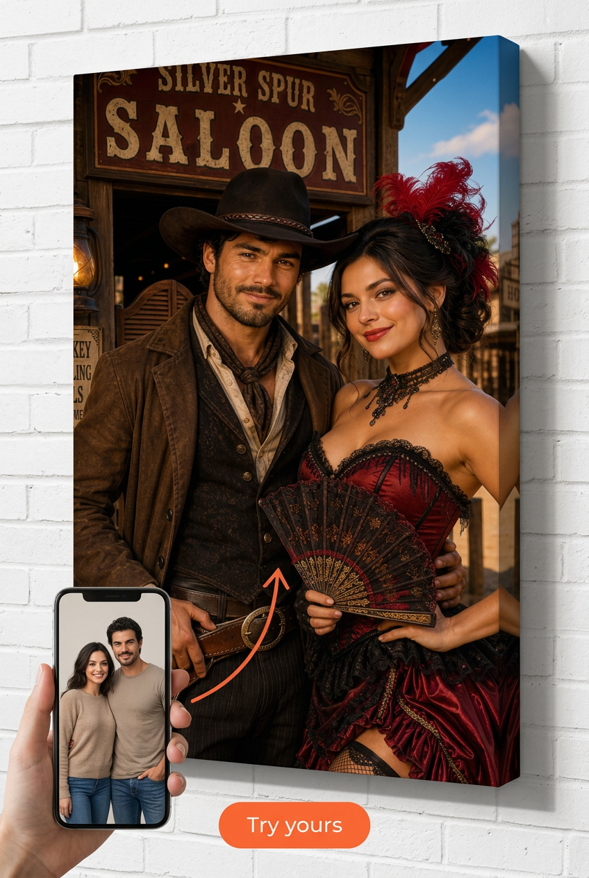 Custom Cowboy Couple Portrait — Romantic Western Canvas from Photo