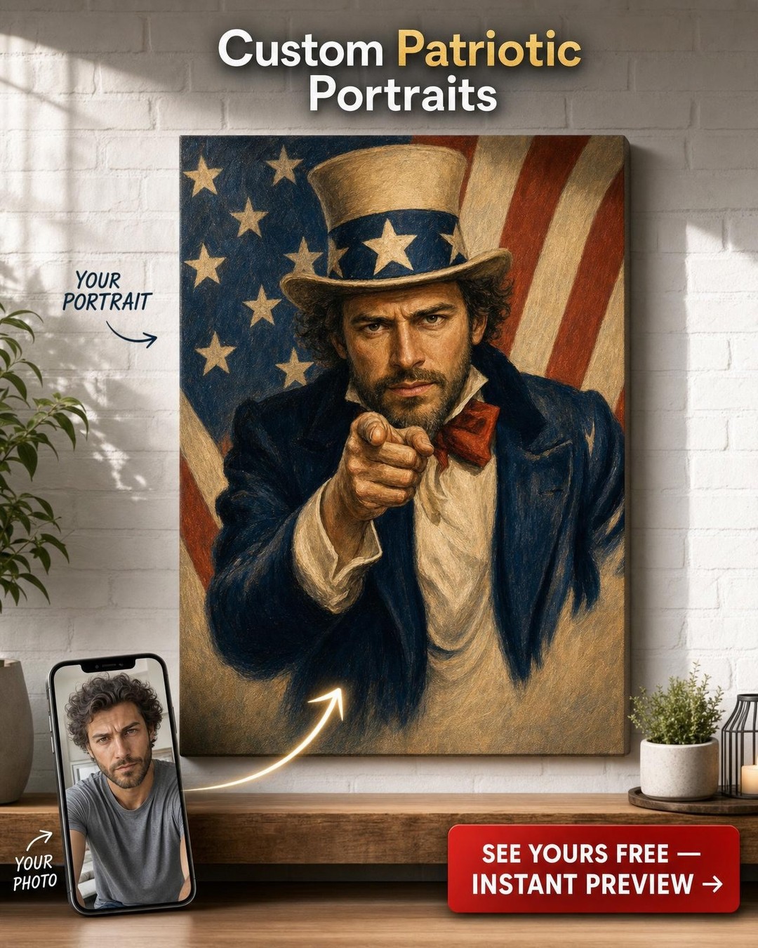 Uncle Sam Patriotic Custom Portrait from Photo | Personalized Canvas Gift