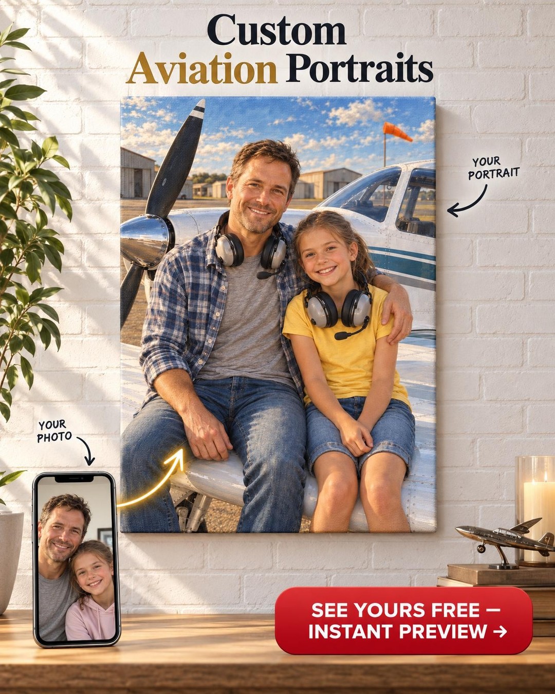 Pilot and Co-Pilot Custom Portrait from Photo | Personalized Pilot Portrait Gift