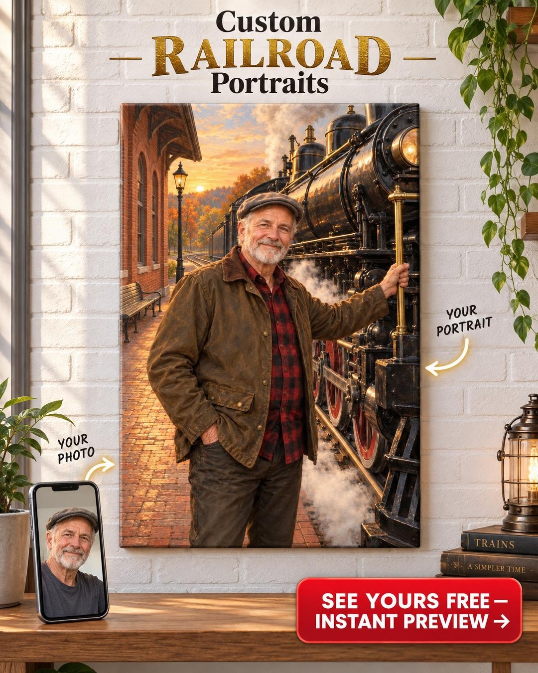 Steam Locomotive Railroad Custom Portrait from Photo | Personalized Railroad Portrait Gift