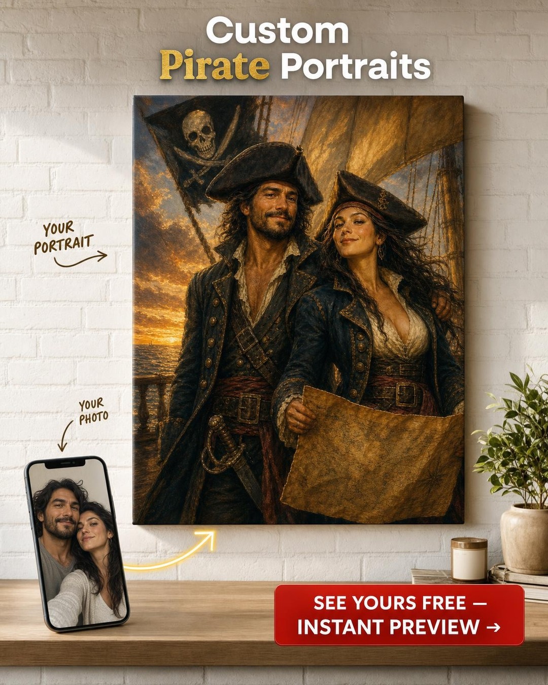 Pirates of the Sunset Sea Custom Portrait from Photo | Personalized Gift for Couples