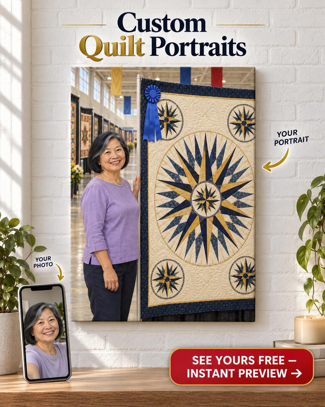 Blue Ribbon Quilt Show Custom Portrait from Photo | Personalized Quilting Portrait Gift