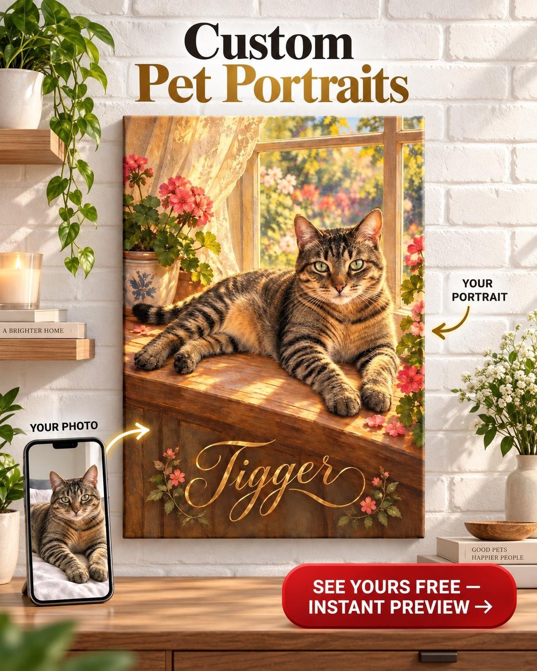 Cat in Their Sunny Window Memorial Portrait from Photo | Personalized Cat Memorial Gift