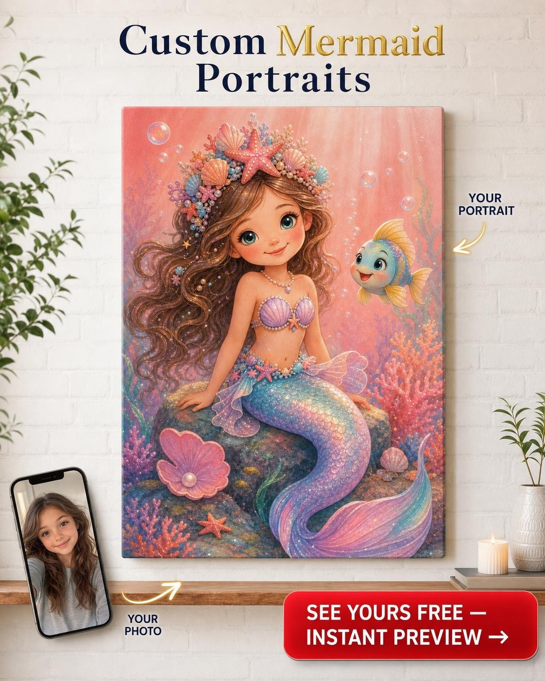 Starfish Crown Little Mermaid Custom Portrait from Photo | Personalized Canvas Gift