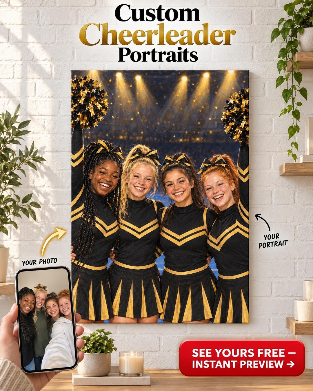 The Cheer Squad Custom Portrait from Photo | Personalized Cheer Portrait Gift