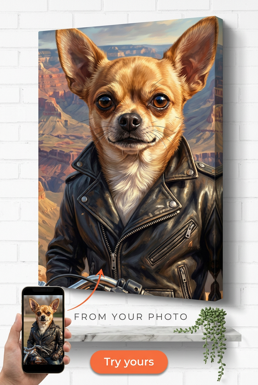 Custom Pet Dog Portrait — Whimsical Biker Canvas from Photo