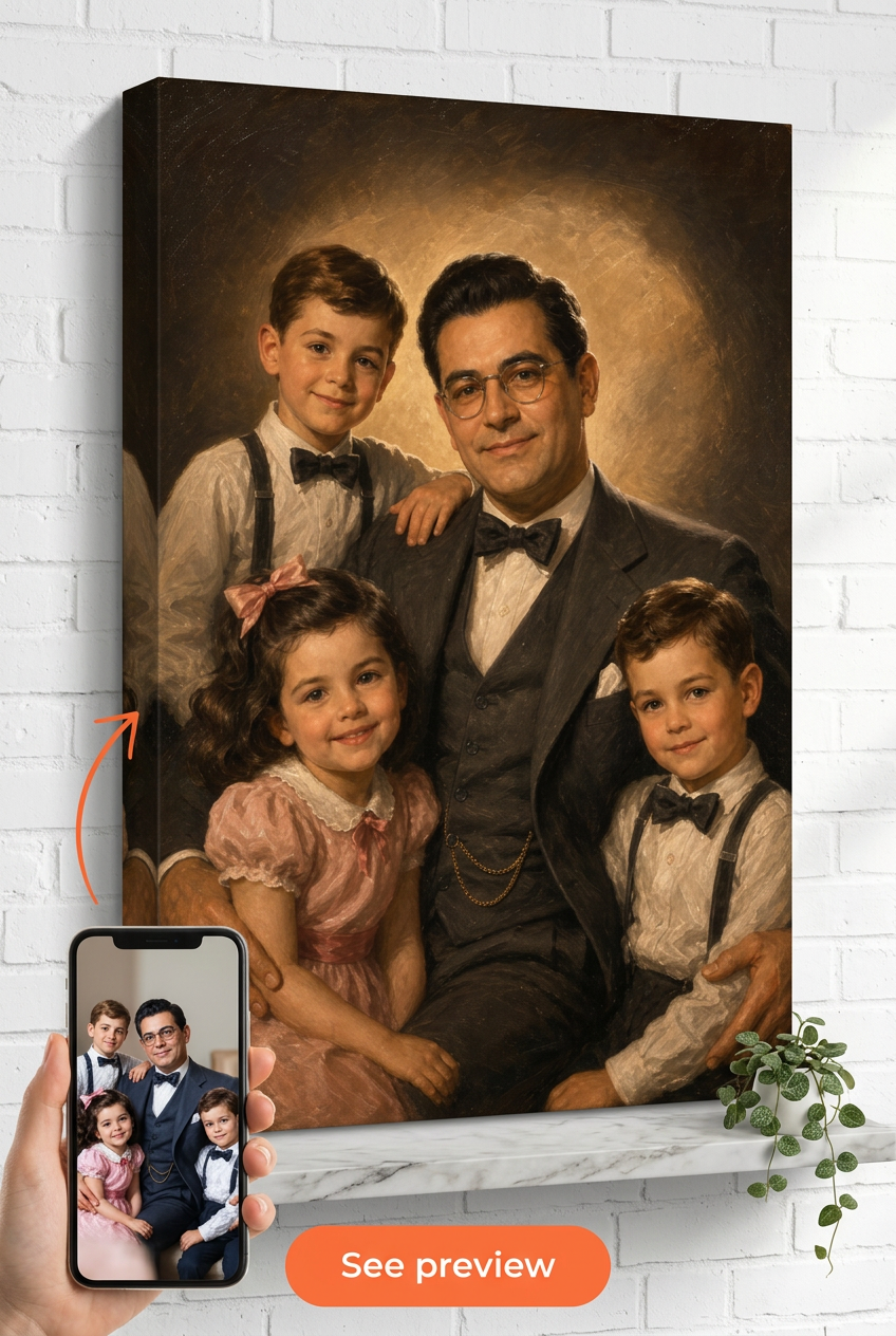 Custom 1940s Hollywood Dad and Kids Portrait from Photo | Personalized Undefined Gift