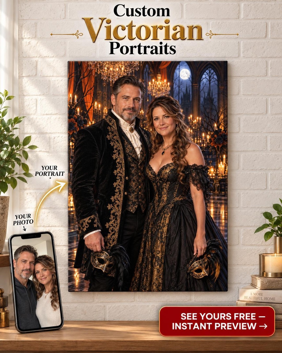 Gothic Masquerade Ball Custom Portrait from Photo | Personalized Gift for Couples
