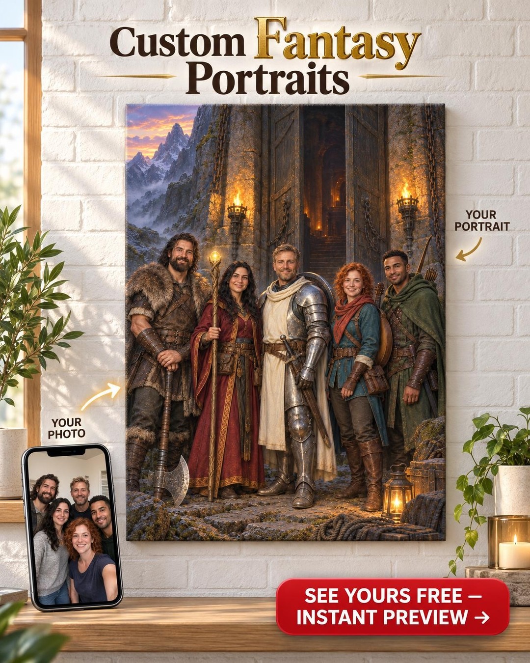 Adventuring Party at the Dungeon Gate Custom Portrait from Photo | Personalized Tabletop Fantasy Gift